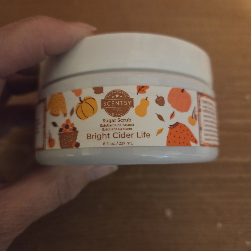 Scentsy Bright Cider Life Sugar Scrub - White Jar with Orange and Yellow Label